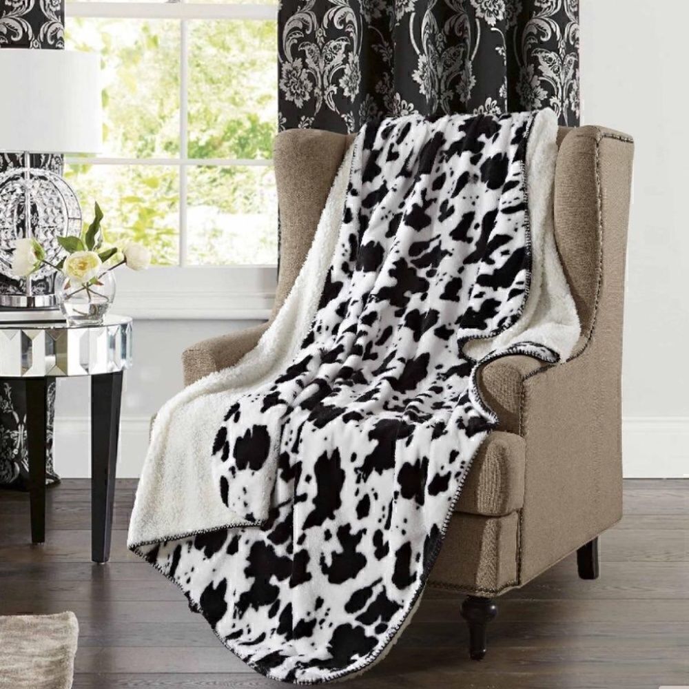 NEW! Buttery Soft Sherpa Cow Hide Pattern Cozy Blanket Western Farm Southwestern